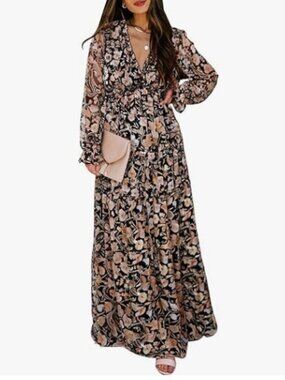 BLENCOT Womens Casual Boho Floral Printed V Neck Long Sleeve Long Maxi Dress